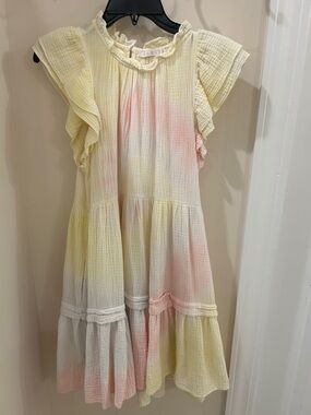 Karlie Pastel Tie-Dye Ruffle Sleeve Dress - Yellow & Pink-size Small